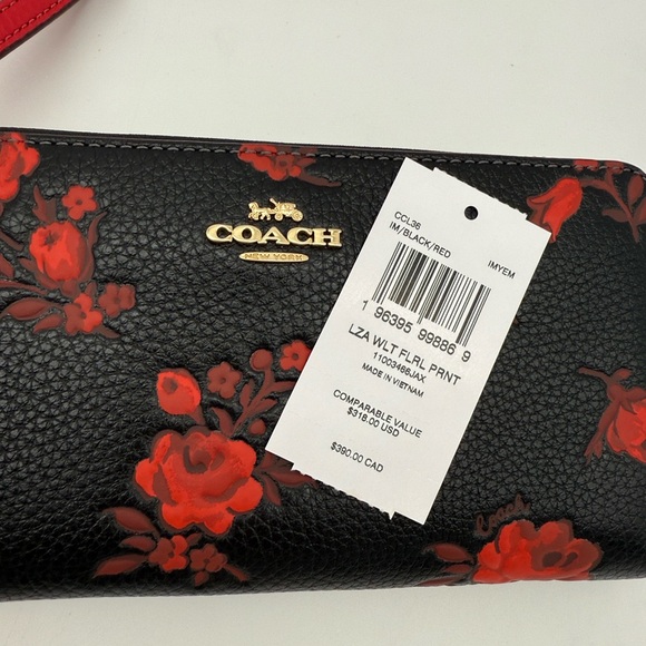 Coach Long Zip Around Wallet With Floral Print Black Red Gold - Picture 9 of 15